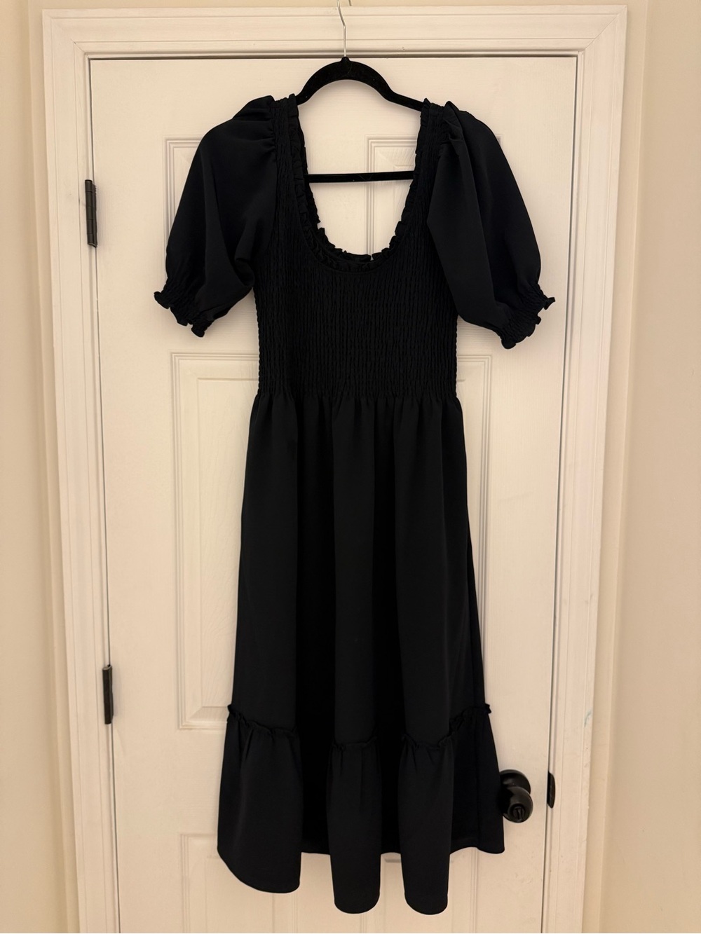 Hill House Black Louisa Puff-Sleeve Smocked Midi Dress
